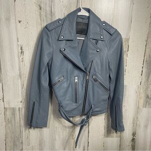 All Saints Moto Biker Zippered Belted 100% Lamb Leather Jacket size 0 Blue Gray